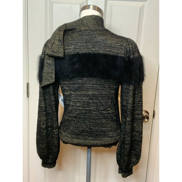 Ulla Johnson Metallic Gold & Black Cashmere Sweater W/ Rabbit Fur Trim, Size P - Picture 6 of 9